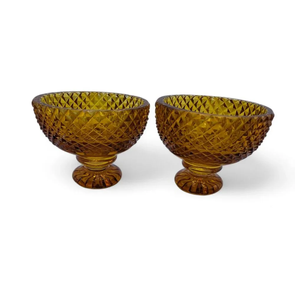 Vintage Amber Gold Glass Set of 2 Dessert Dish Cup Diamond Cut Design Bowls